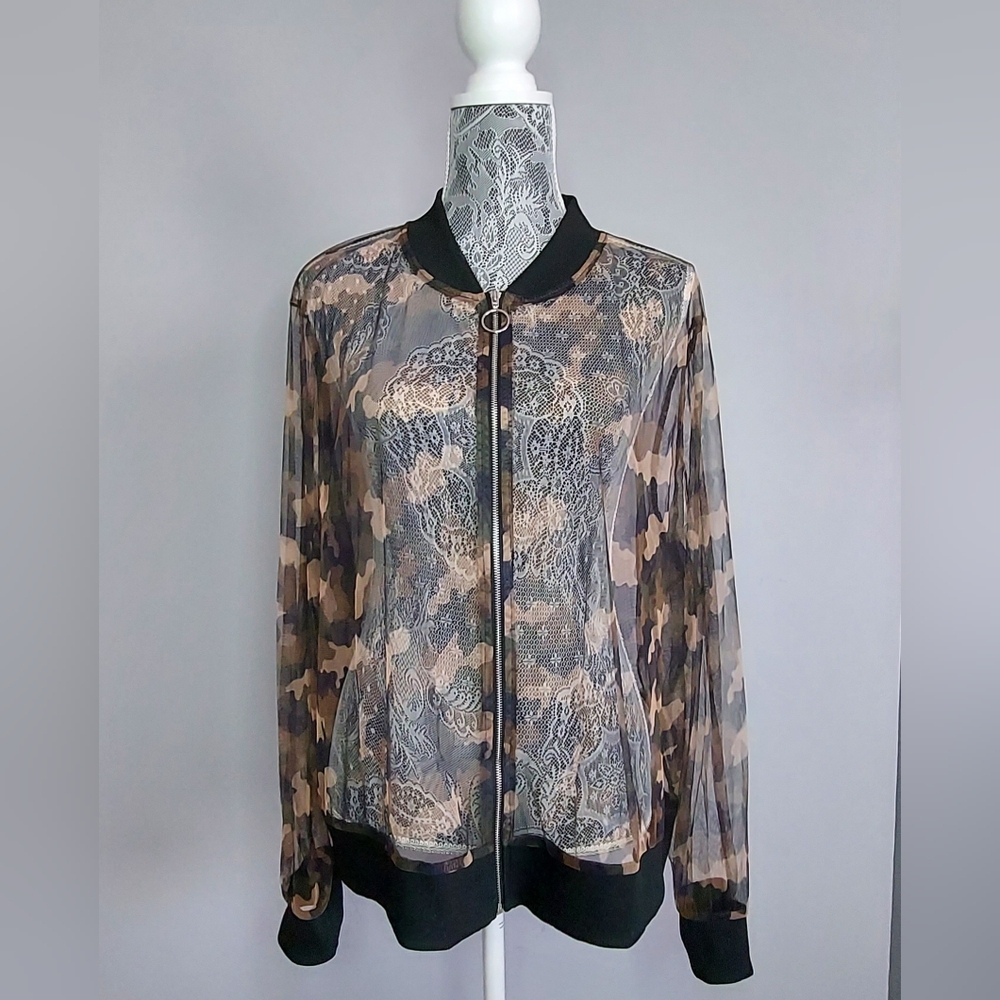 EMERY ROSE Lune Plus Camo Print Mesh Sheer Long Sleeve Bomber Jacket Size 3x